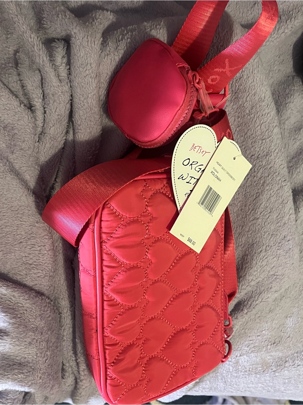 Betsey Johnson Hot Pink Quilted Heart Crossbody with pouch - Picture 2 of 4